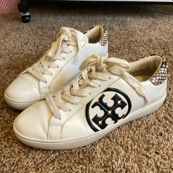 Tory Burch Cream and Black Logo Sneakers with snake skin trim - Picture 3 of 5